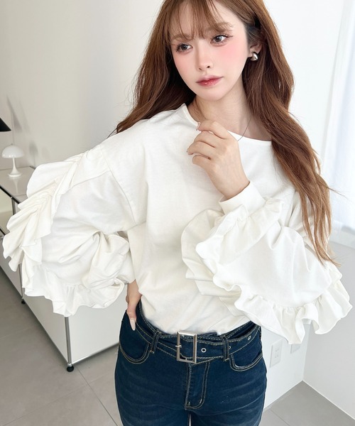 moment+(モーメントプラス)の「綿100%天竺. ボリュームフリルスリーブロングTシャツ(Tシャツ/カットソー・レディース・ブラック/ピンク/オフホワイト・M/L)」の15枚目の写真
