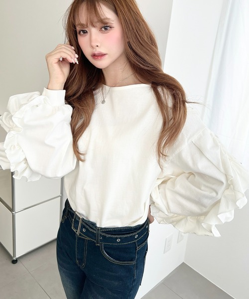 moment+(モーメントプラス)の「綿100%天竺. ボリュームフリルスリーブロングTシャツ(Tシャツ/カットソー・レディース・ブラック/ピンク/オフホワイト・M/L)」の14枚目の写真