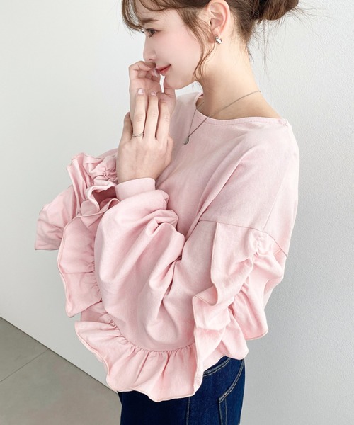 moment+(モーメントプラス)の「綿100%天竺. ボリュームフリルスリーブロングTシャツ(Tシャツ/カットソー・レディース・ブラック/ピンク/オフホワイト・M/L)」の20枚目の写真