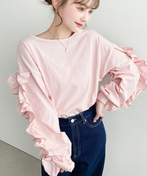 moment+(モーメントプラス)の「綿100%天竺. ボリュームフリルスリーブロングTシャツ(Tシャツ/カットソー・レディース・ブラック/ピンク/オフホワイト・M/L)」の21枚目の写真