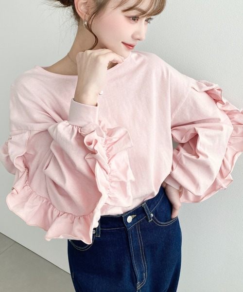 moment+(モーメントプラス)の「綿100%天竺. ボリュームフリルスリーブロングTシャツ(Tシャツ/カットソー・レディース・ブラック/ピンク/オフホワイト・M/L)」の19枚目の写真