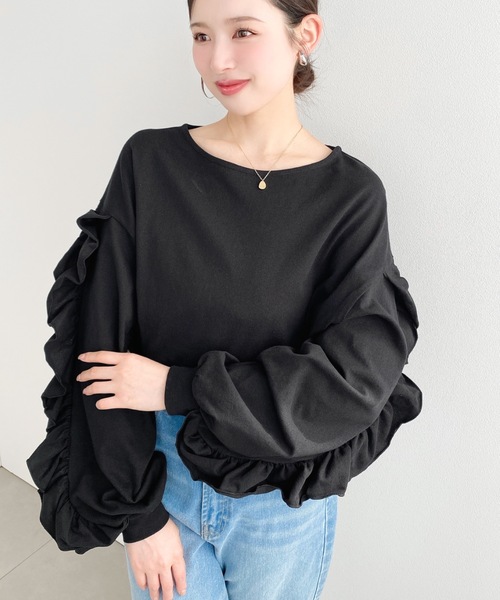 moment+(モーメントプラス)の「綿100%天竺. ボリュームフリルスリーブロングTシャツ(Tシャツ/カットソー・レディース・ブラック/ピンク/オフホワイト・M/L)」の22枚目の写真