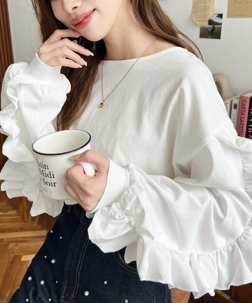 moment+(モーメントプラス)の「綿100%天竺. ボリュームフリルスリーブロングTシャツ(Tシャツ/カットソー・レディース・ブラック/ピンク/オフホワイト・M/L)」の12枚目の写真