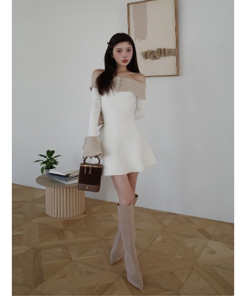 ダーリッチ darich オフショルシャギーニットミニワンピース BEG FL ダーリッチ Darich オフショルシャギーニットミニワンピース
