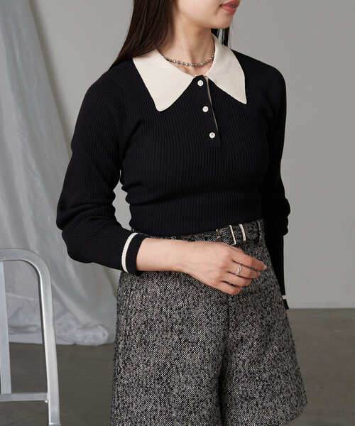 RAY CASSIN（レイカズン）の「【5色展開】配色ポロパフニット（ニット/セーター・レディース・アイボリー/ブラック系その他2/レッド系その他2/グレー系その他2/ブラウン系その他2・FREE）」の9枚目の写真