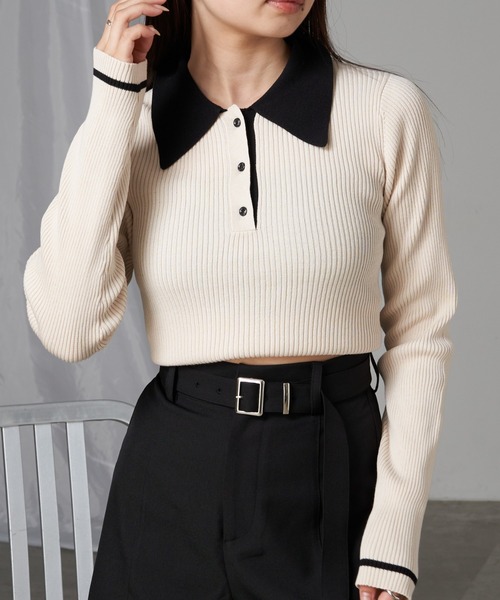 RAY CASSIN（レイカズン）の「【5色展開】配色ポロパフニット（ニット/セーター・レディース・アイボリー/ブラック系その他2/レッド系その他2/グレー系その他2/ブラウン系その他2・FREE）」の2枚目の写真