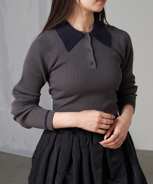 RAY CASSIN（レイカズン）の「【5色展開】配色ポロパフニット（ニット/セーター・レディース・アイボリー/ブラック系その他2/レッド系その他2/グレー系その他2/ブラウン系その他2・FREE）」の3枚目の写真