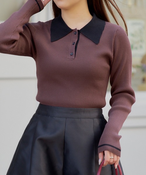 RAY CASSIN（レイカズン）の「【5色展開】配色ポロパフニット（ニット/セーター・レディース・アイボリー/ブラック系その他2/レッド系その他2/グレー系その他2/ブラウン系その他2・FREE）」の4枚目の写真