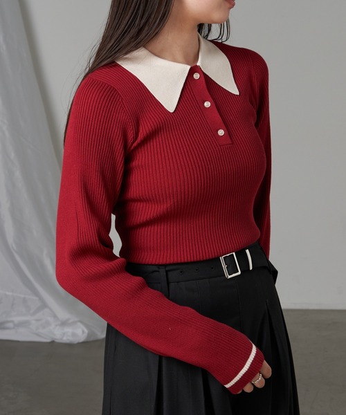 RAY CASSIN（レイカズン）の「【5色展開】配色ポロパフニット（ニット/セーター・レディース・アイボリー/ブラック系その他2/レッド系その他2/グレー系その他2/ブラウン系その他2・FREE）」の5枚目の写真