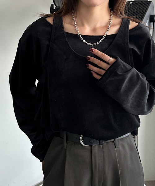 apres jour mignon(アプレジュールミニョン)の「ベロアレイヤードトップス【ZOZOTOWN限定アイテム】(Tシャツ/カットソー・レディース・ダークグリーン/ブラック/ベージュ/パープル・フリー/X-LARGE)」の6枚目の写真