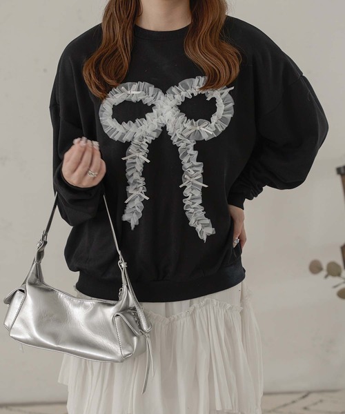 Ambre Neige(アンブルネージュ)の「チュールリボンスウェット/WEB/EC限定商品(スウェット・レディース・グレー/ブラック・FREE)」の4枚目の写真