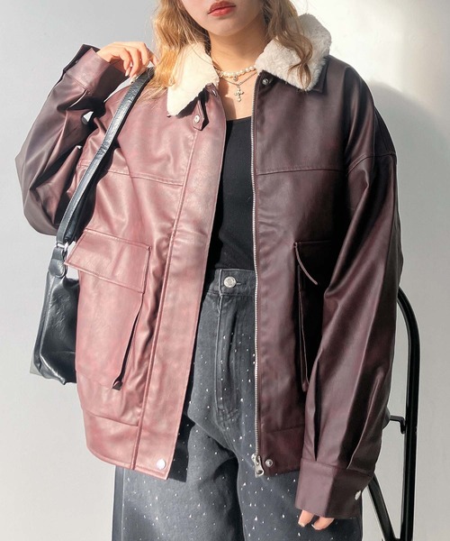 セール】◇取り外し可能 ファー衿付き 2WAYフェイクレザーブルゾン