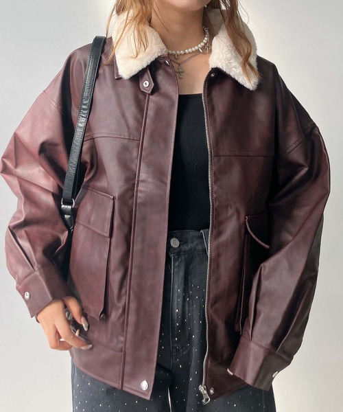 セール】◇取り外し可能 ファー衿付き 2WAYフェイクレザーブルゾン