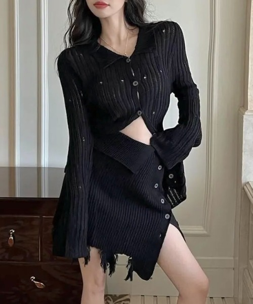LADY LIKE(レディライク)の「フリンジスカート付きニットセットアップ2点セット(ワンピース・レディース・ブラウン/ブラック・M)」の3枚目の写真