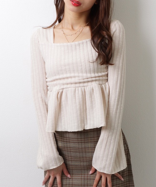 Lace Ladies(レースレディース)の「スクエアネック ペプラム リブ ニット プルオーバー(Tシャツ/カットソー・レディース・アイボリー/ブラック/ベージュ/ブラウン・FREE)」の1枚目の写真
