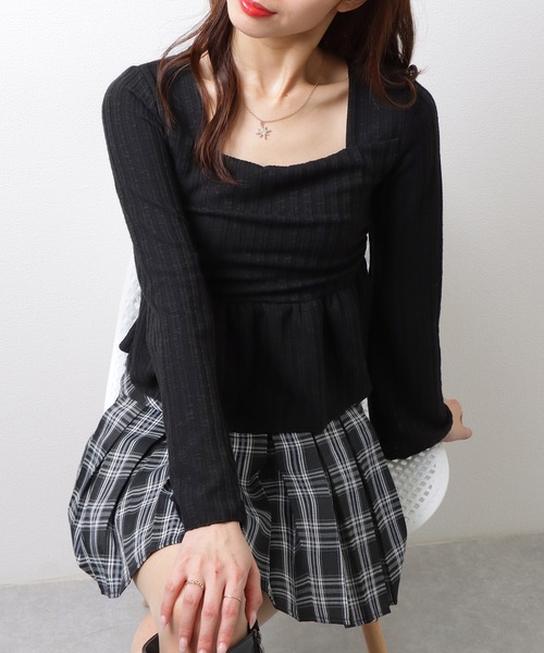 Lace Ladies(レースレディース)の「スクエアネック ペプラム リブ ニット プルオーバー(Tシャツ/カットソー・レディース・アイボリー/ブラック/ベージュ/ブラウン・FREE)」の7枚目の写真