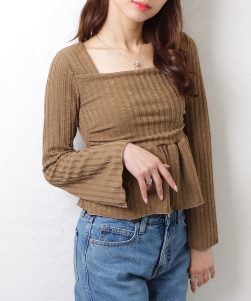 Lace Ladies(レースレディース)の「スクエアネック ペプラム リブ ニット プルオーバー(Tシャツ/カットソー・レディース・アイボリー/ブラック/ベージュ/ブラウン・FREE)」の14枚目の写真