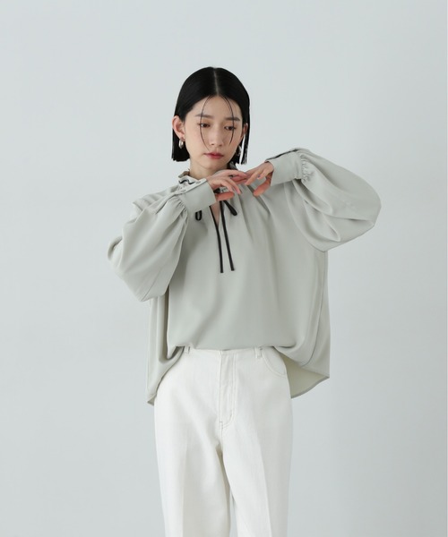 BEAUTY&YOUTH 日本製 とろみフリンジ ノーカラーブラウス
