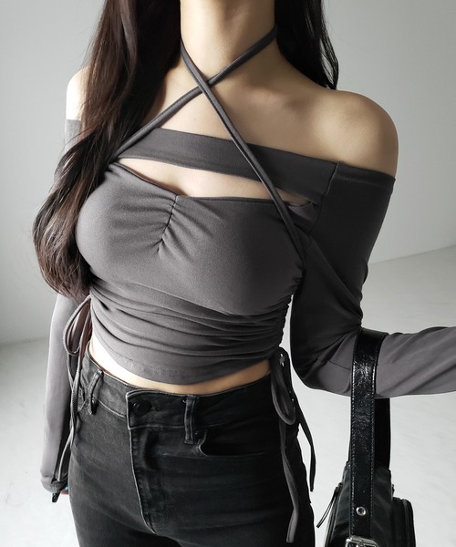 2WAY 】クロスストラップリボンカットアウトオフショルトップス