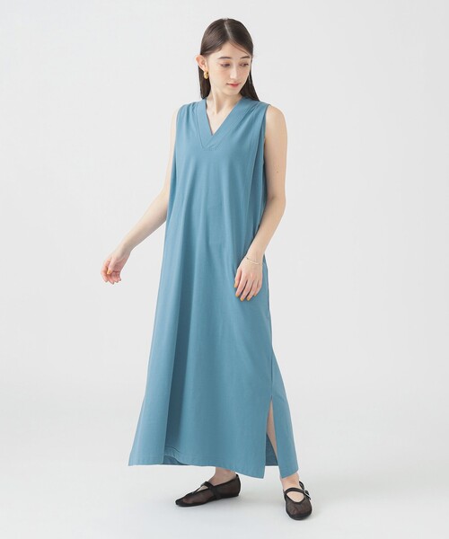 O539ビームスロングワンピースシャツワンピース総柄ライトブルーVネック長袖 B:MING by BEAMS B:MING by BEAMS-neck maxi dress (dress, cami