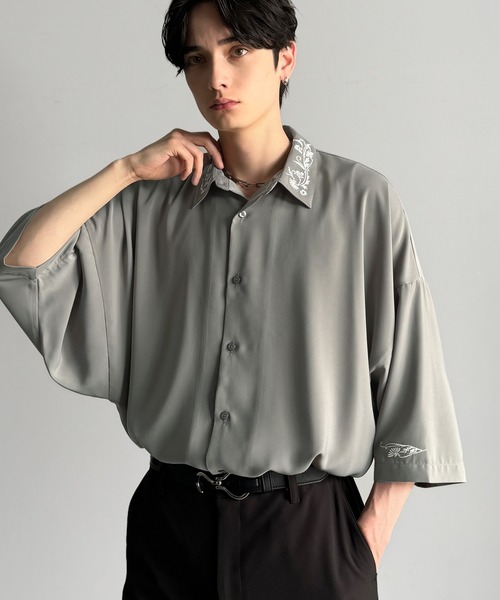 新品未使用　DOLMAN SLEEVE SHRITブラック　ドルマン　シャツ セール】【Classical Origin】「雰囲気アガる。」衿刺繍ドレープ