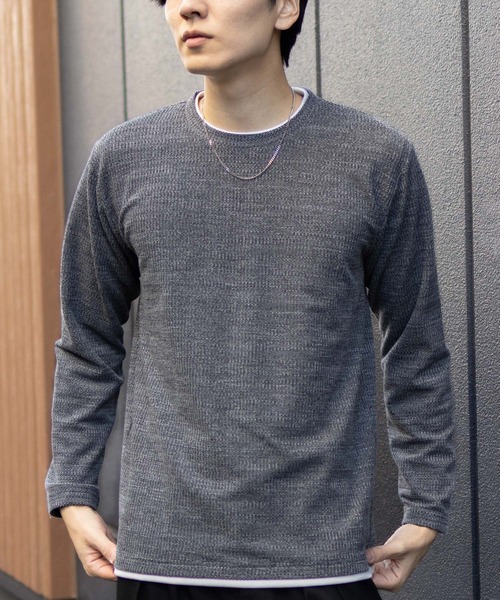 NAVY(ネイビー)の「NAVY メランジ調 レイヤードTシャツ(Tシャツ/カットソー・メンズ・ベージュ系/ブラック系/ネイビー系・M/S/XL/L)」の1枚目の写真