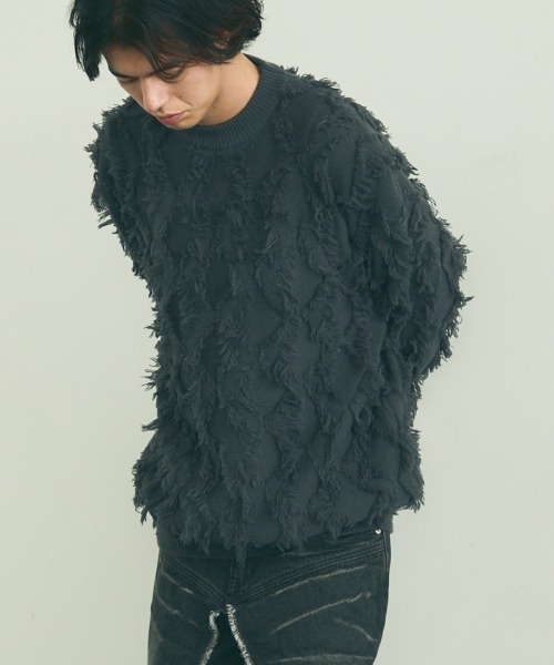 Shoowtime(ショウタイム)の「Fringe design oversized knit sweater / フリンジデザインオーバーサイズニットセーター(ニット/セーター・メンズ・ブラック/ベージュ/グレー・LARGE/X-LARGE/MEDIUM)」の1枚目の写真
