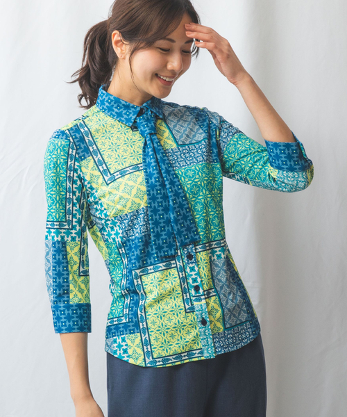 tシャツ 「NARACAMICIE」パッチワークプリントボウタイカットブラウス レディース セール】【NARACAMICIE】パッチワークプリントボウタイカット