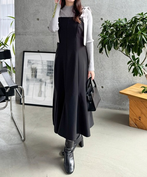 CLEAR BASIC（クリアベーシック）の「【低身長サイズ有】配色肩リボンフレアワンピース[大人フェミニン 骨格ナチュラル]≪SS新作≫（ワンピース・レディース・ベージュ/ブラック・F/XS）」の5枚目の写真