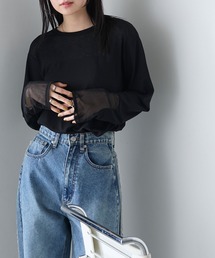 【forksy.】エブリデイ袖チュール切替え シアー ロンTEE