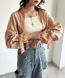 袖リボンアソートチェックシャツ