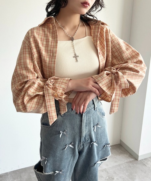apres jour(アプレジュール)の「袖リボンアソートチェックシャツ(シャツ/ブラウス・レディース・ピンク系その他/ホワイト系その他2/ベージュ系その他/ブルー系その他・X-LARGE/フリー)」の1枚目の写真
