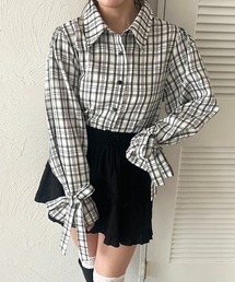 袖リボンアソートチェックシャツ