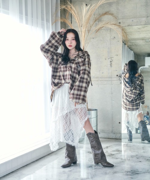 ANDGEEBEE(アンジービー)の「UNISEX チェックフーディシャツ(シャツ/ブラウス・レディース・ブラック/ブラウン・FREE)」の13枚目の写真