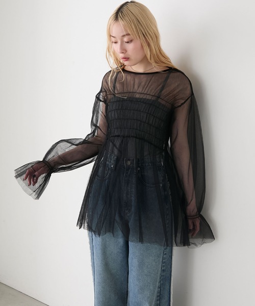forksy.(フォルクシー)の「【forksy.】アソート シャーリングチュールワンピース(シャツ/ブラウス・レディース・ブラウン系/ブラック/ネイビー系・FREE)」の5枚目の写真