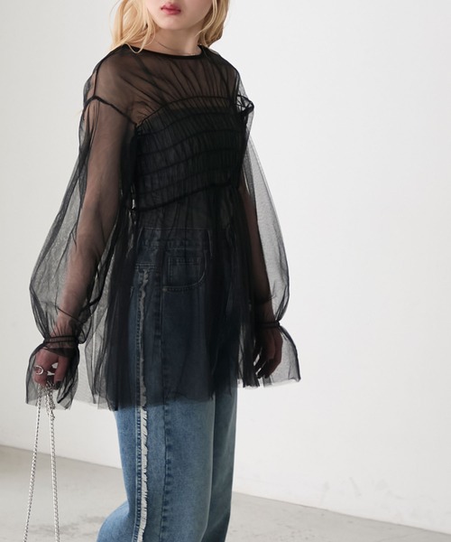 forksy.(フォルクシー)の「【forksy.】アソート シャーリングチュールワンピース(シャツ/ブラウス・レディース・ブラウン系/ブラック/ネイビー系・FREE)」の8枚目の写真