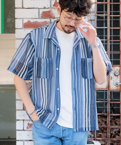 FREAK'S STORE(フリークスストア)の「FREAK’S STORE/フリークスストア レース編み マルチカラーストライプ オープンカラーシャツ/リラックスフィット(シャツ/ブラウス・メンズ・ブルー/グリーン/ブラック・MEDIUM/LARGE)」の3枚目の写真