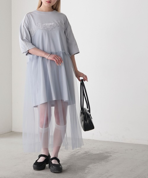 forksy.(フォルクシー)の「【forksy.】袖ライン チュールレイヤード 半袖ワンピース(ワンピース・レディース・ブラック/オフホワイト/グレイッシュブルー・FREE)」の20枚目の写真