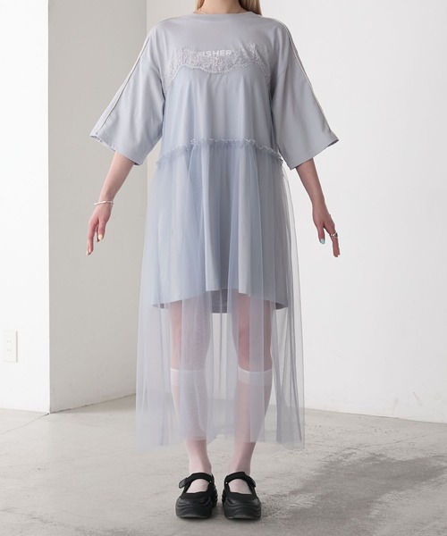 forksy.(フォルクシー)の「【forksy.】袖ライン チュールレイヤード 半袖ワンピース(ワンピース・レディース・ブラック/オフホワイト/グレイッシュブルー・FREE)」の12枚目の写真