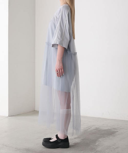 forksy.(フォルクシー)の「【forksy.】袖ライン チュールレイヤード 半袖ワンピース(ワンピース・レディース・ブラック/オフホワイト/グレイッシュブルー・FREE)」の7枚目の写真