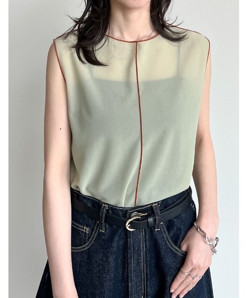 Re:EDIT(リエディ)の「シアーカットソー配色メローノースリーブトップス(Tシャツ/カットソー・レディース・グリーン/ブルー/ブラック/グレイッシュベージュ・MEDIUM/LARGE)」の3枚目の写真