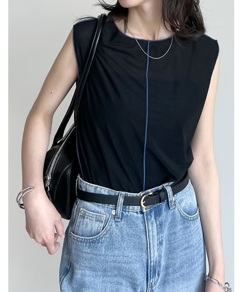 Re:EDIT(リエディ)の「シアーカットソー配色メローノースリーブトップス(Tシャツ/カットソー・レディース・グリーン/ブルー/ブラック/グレイッシュベージュ・MEDIUM/LARGE)」の1枚目の写真
