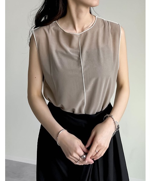 Re:EDIT(リエディ)の「シアーカットソー配色メローノースリーブトップス(Tシャツ/カットソー・レディース・グリーン/ブルー/ブラック/グレイッシュベージュ・MEDIUM/LARGE)」の11枚目の写真