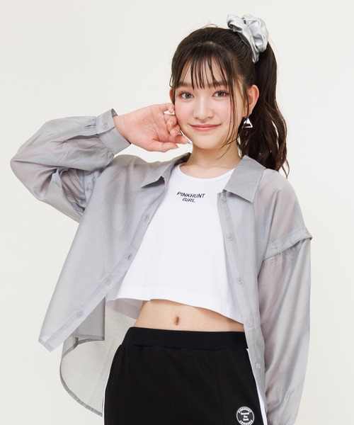 PINKHUNT(ピンクハント)の「PINKHUNT ピンクハント タンクトップ付き 3wayシアーシャツ 0692K(シャツ/ブラウス・キッズ・チャコールグレー/ホワイト・120cm/130cm/140cm/150cm/160cm)」の2枚目の写真