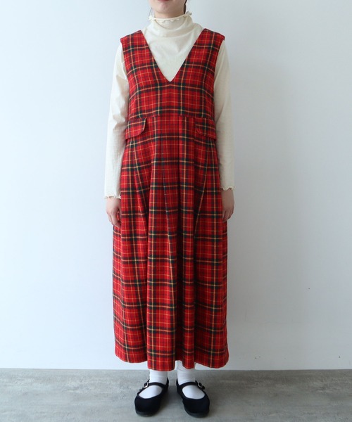 bulle de savon(ビュルデサボン)の「Recycle CHECK ジャンパースカート(ジャンパースカート・レディース・レッド・FREE)」の4枚目の写真