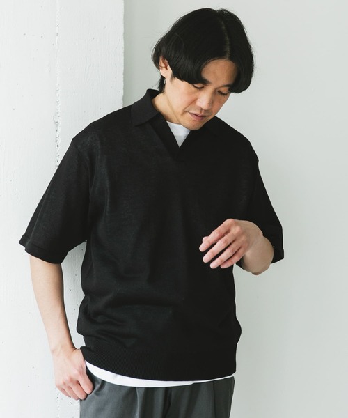 URBAN RESEARCH DOORS（アーバンリサーチドアーズ）の「リネン混ハイゲージ スキッパーニットポロシャツ（ポロシャツ・メンズ・ブラック/ブルー・LARGE/MEDIUM）」の19枚目の写真