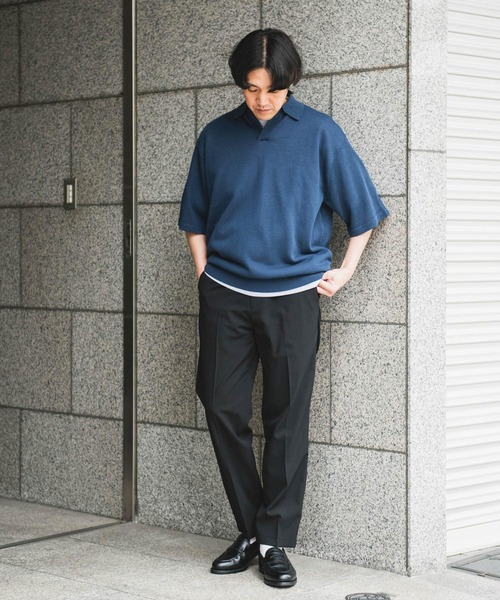 URBAN RESEARCH DOORS（アーバンリサーチドアーズ）の「リネン混ハイゲージ スキッパーニットポロシャツ（ポロシャツ・メンズ・ブラック/ブルー・LARGE/MEDIUM）」の4枚目の写真