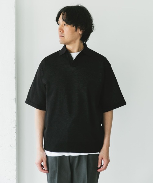 URBAN RESEARCH DOORS（アーバンリサーチドアーズ）の「リネン混ハイゲージ スキッパーニットポロシャツ（ポロシャツ・メンズ・ブラック/ブルー・LARGE/MEDIUM）」の5枚目の写真