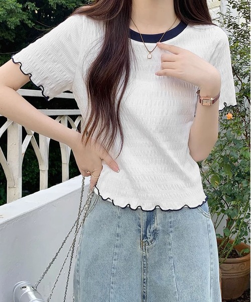 MAISON DE THERESE(メゾン ド テレーズ)の「丸首 ピコット付き 半袖Tシャツ(Tシャツ/カットソー・レディース・アイボリー/ホワイト・S/M/L)」の2枚目の写真