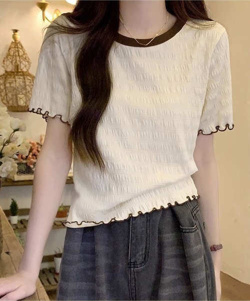 MAISON DE THERESE(メゾン ド テレーズ)の「丸首 ピコット付き 半袖Tシャツ(Tシャツ/カットソー・レディース・アイボリー/ホワイト・S/M/L)」の1枚目の写真